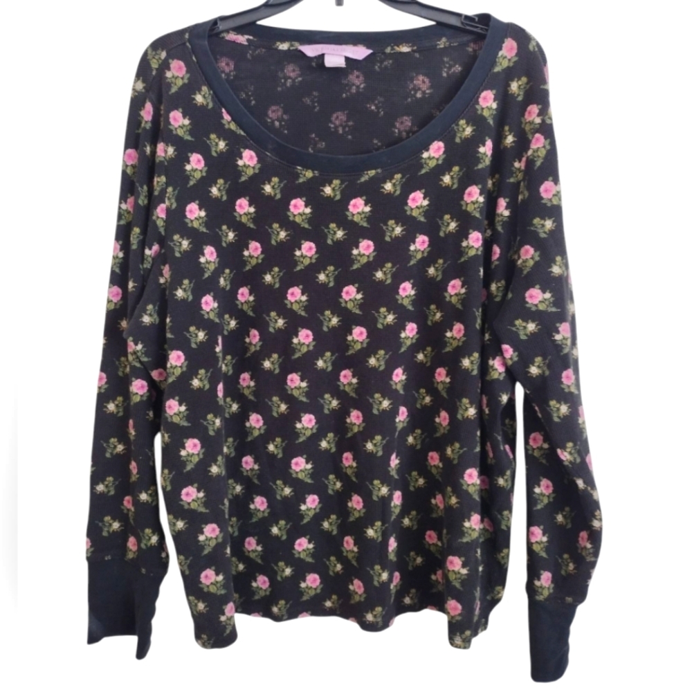 Victoria's Secret Black Pink Green Floral Long Sleeve Thermal Top Size XL